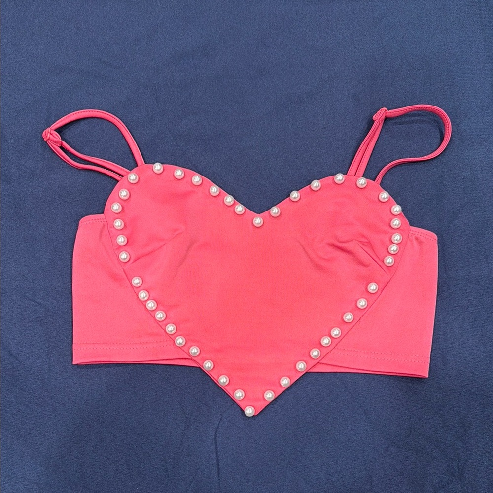 Pink Heart Crop Top with Pearl Accents